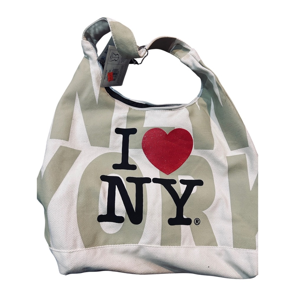 Robin Ruth I Love NY Tote Bag Unisex Large White Green NEW Glitter Heart